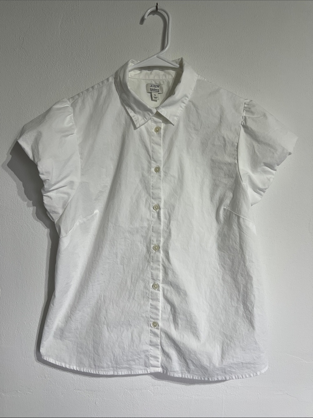 J. Crew White Short Sleeve Ruffle-Detail Button Down Shirt